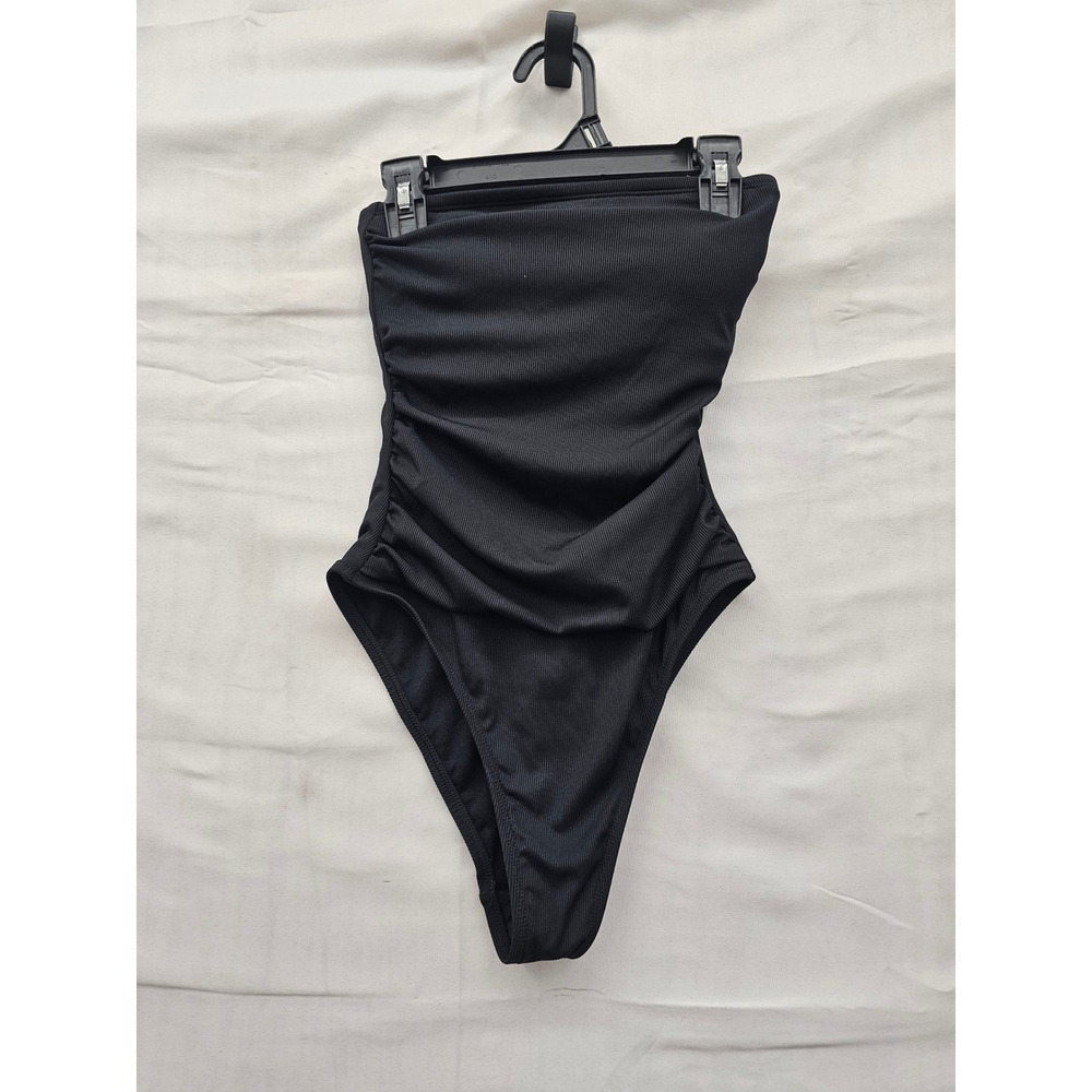 Shade & Shore Womens Strapless Ribbed One Piece Swimsuit Black Nylon Size XS
